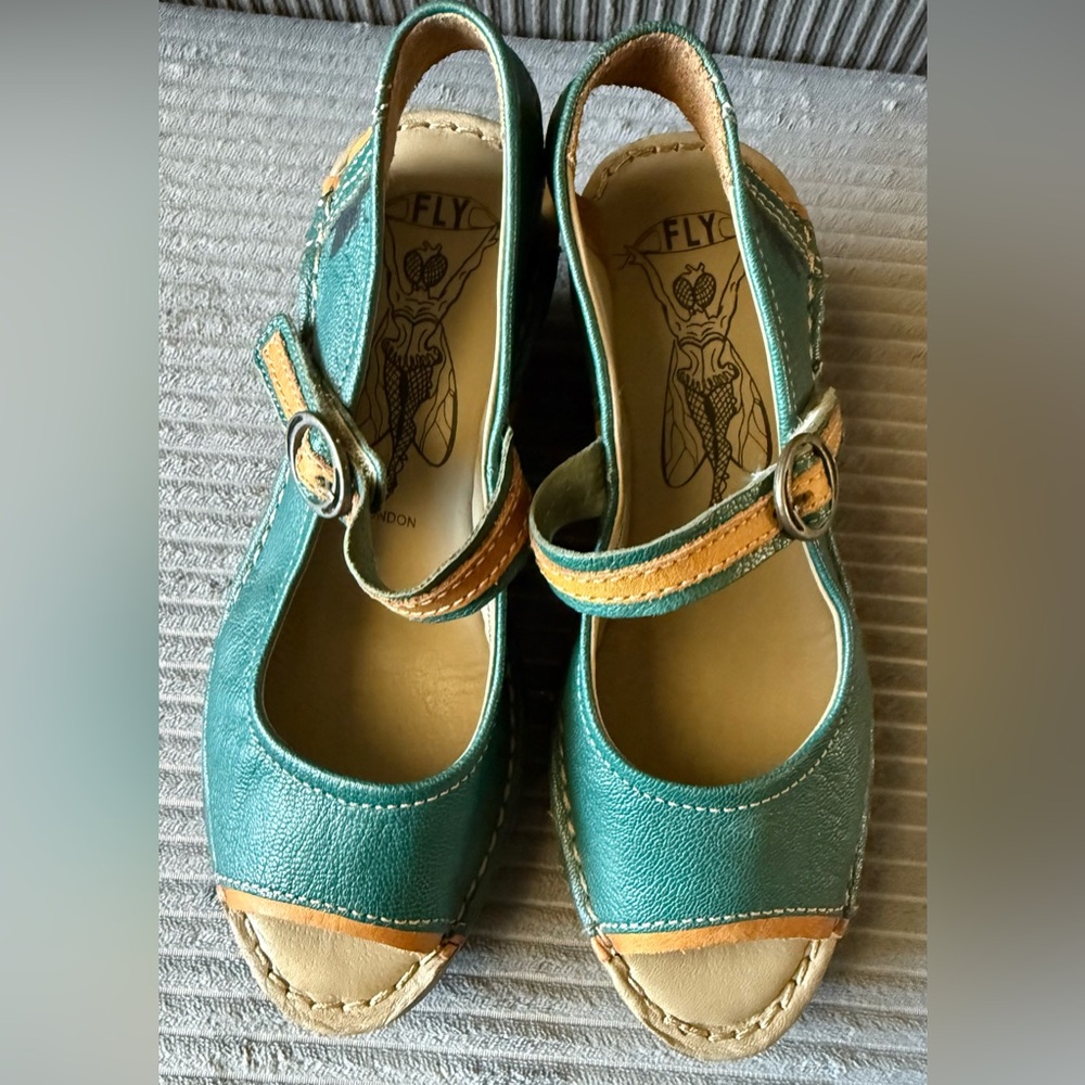 Fly London Wedges Teal and Tan Sandals Shoes Size 36 - Picture 1 of 6
